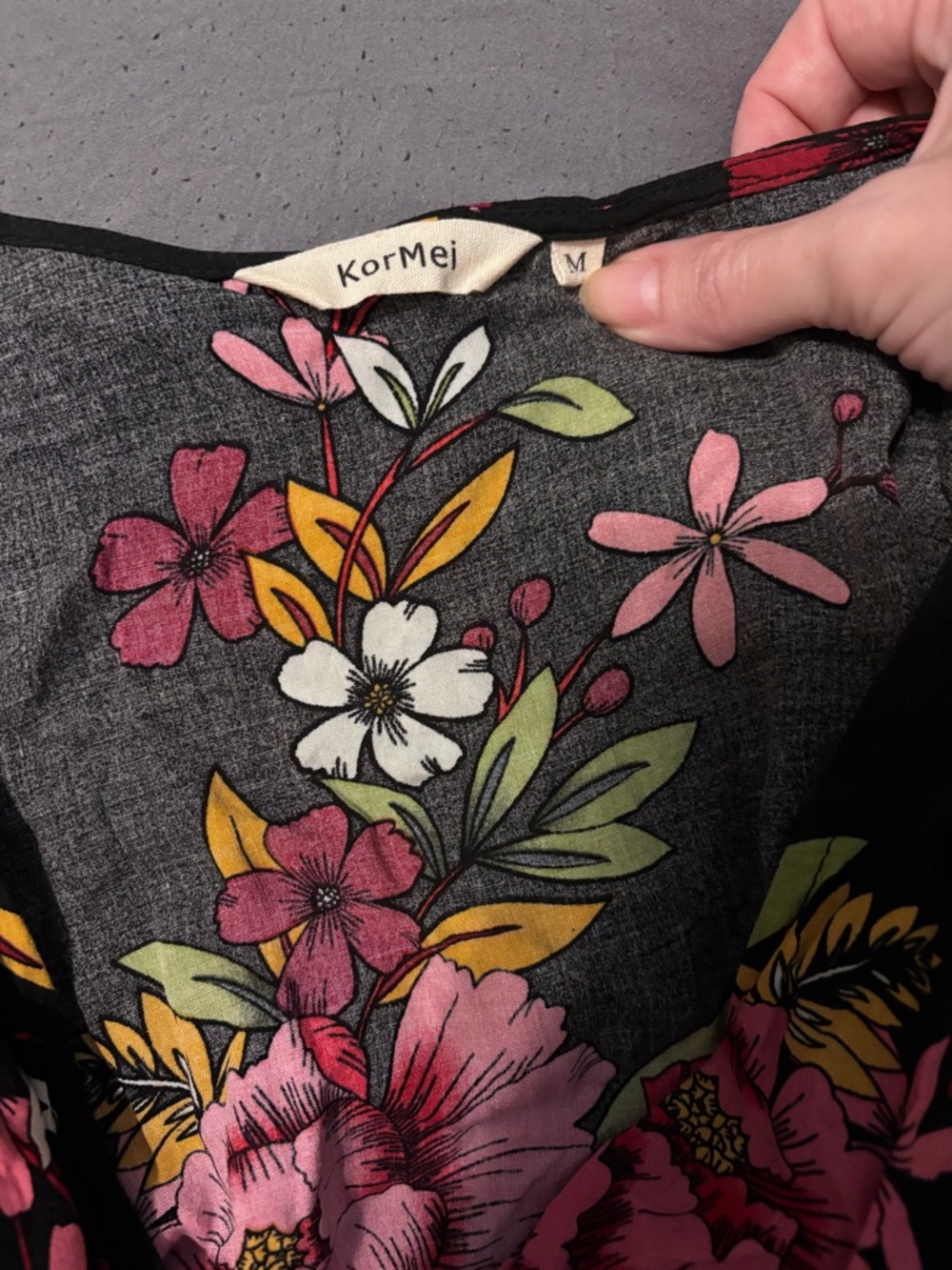 KorMei Black Floral Wrap Dress with Red & Pink Blooms Size Medium - Picture 6 of 8